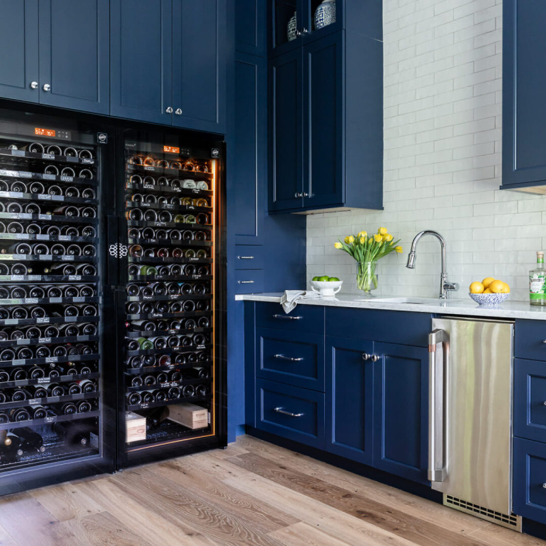 eurocave kitchen renovation double wine cabinets blue painted wood revelation 2